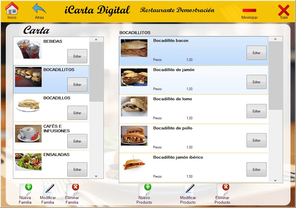 Captura real iCartaDigital Gestión de Familias y Productos