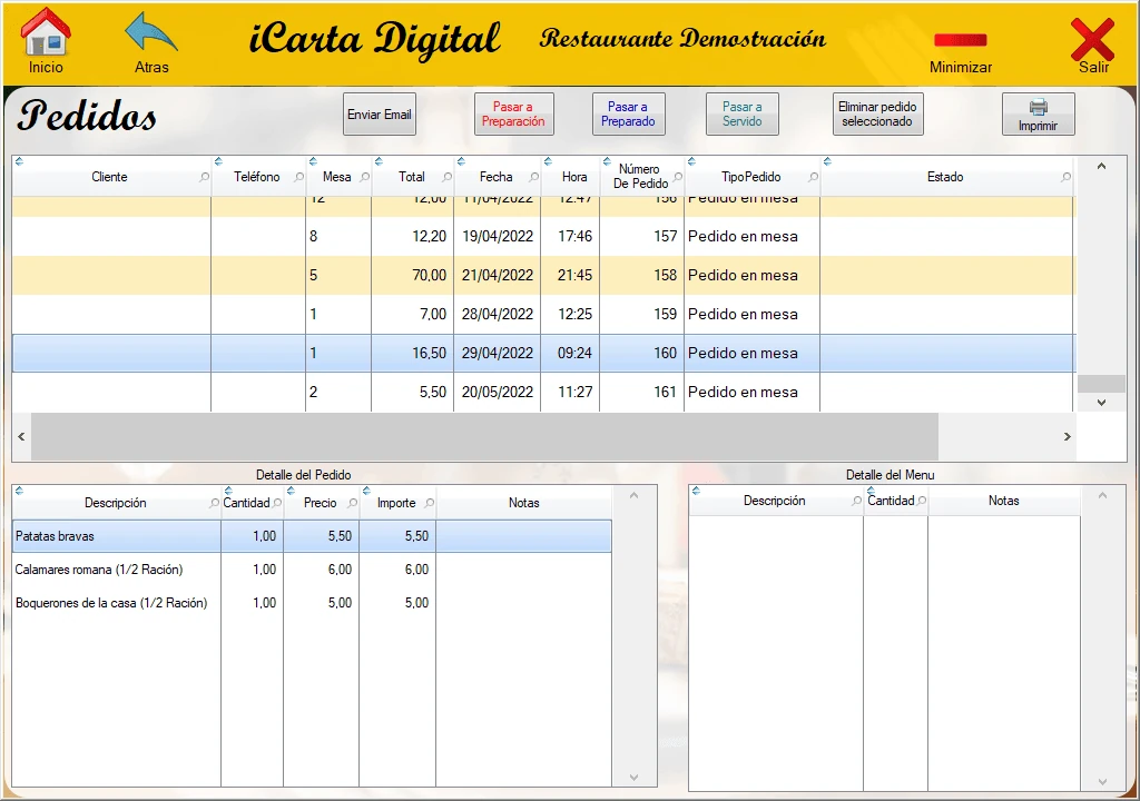 Captura real iCartaDigital Gestión de Pedidos